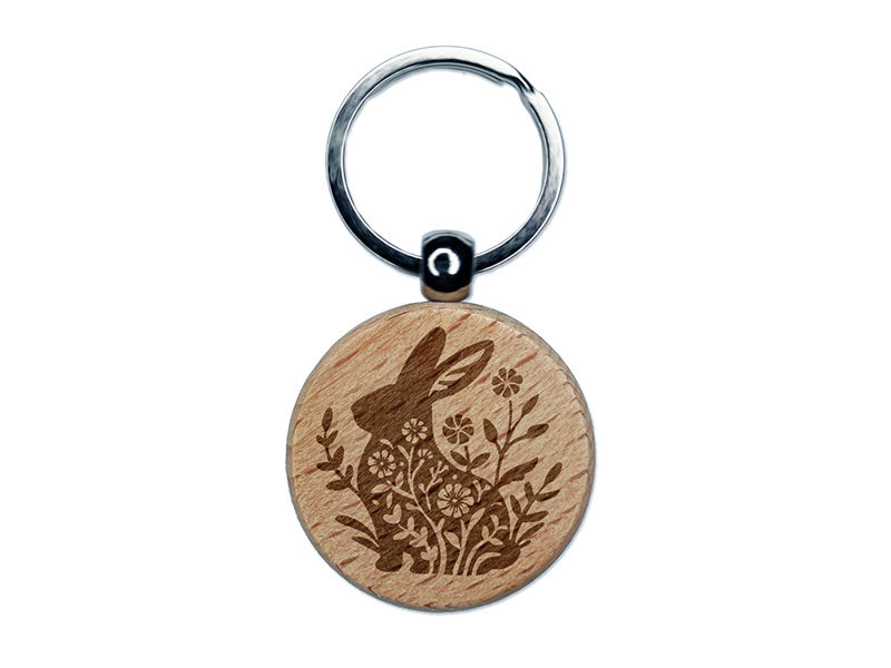 Floral Easter Bunny Rabbit Silhouette Flowers Engraved Wood Round Keychain Tag Charm
