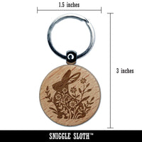 Floral Easter Bunny Rabbit Silhouette Flowers Engraved Wood Round Keychain Tag Charm
