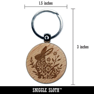Floral Easter Bunny Rabbit Silhouette Flowers Engraved Wood Round Keychain Tag Charm