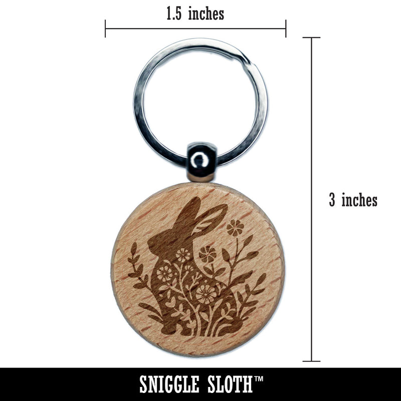 Floral Easter Bunny Rabbit Silhouette Flowers Engraved Wood Round Keychain Tag Charm