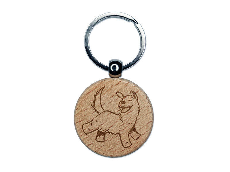 Happy Shaggy Dog Running Smile Engraved Wood Round Keychain Tag Charm