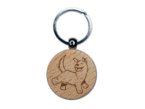 Happy Shaggy Dog Running Smile Engraved Wood Round Keychain Tag Charm