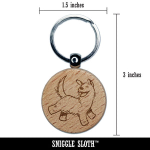 Happy Shaggy Dog Running Smile Engraved Wood Round Keychain Tag Charm