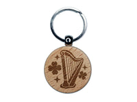 Irish Harp Shamrocks Clovers Saint Patricks Day Engraved Wood Round Keychain Tag Charm