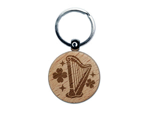 Irish Harp Shamrocks Clovers Saint Patricks Day Engraved Wood Round Keychain Tag Charm