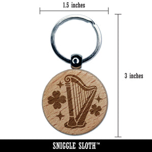 Irish Harp Shamrocks Clovers Saint Patricks Day Engraved Wood Round Keychain Tag Charm