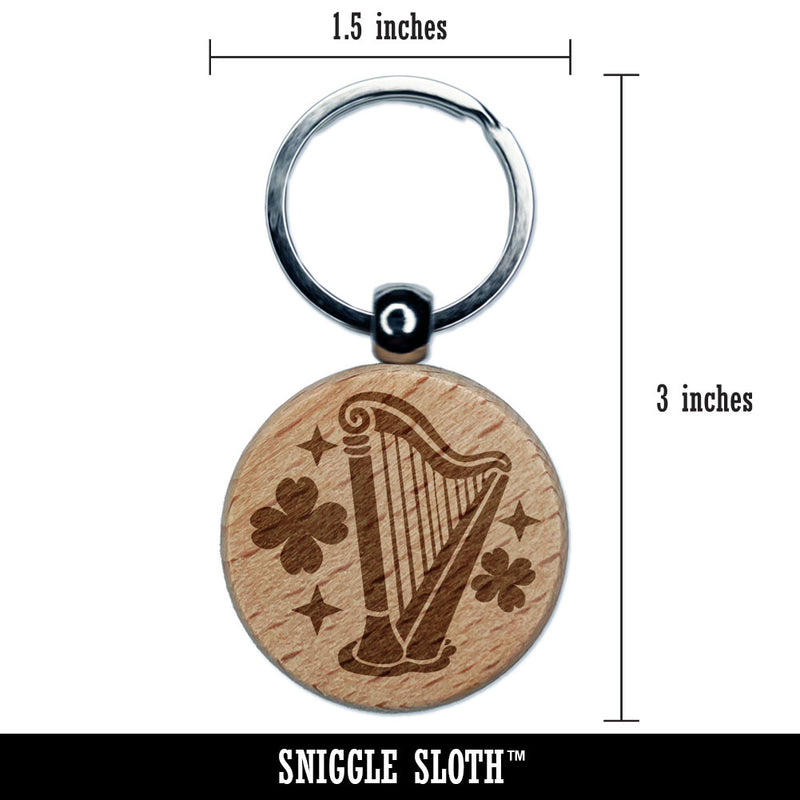 Irish Harp Shamrocks Clovers Saint Patricks Day Engraved Wood Round Keychain Tag Charm