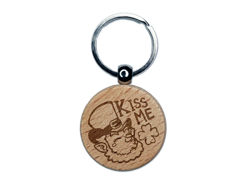 Kiss Me Irish Leprechaun Saint Patricks Day Shamrock Clover Engraved Wood Round Keychain Tag Charm