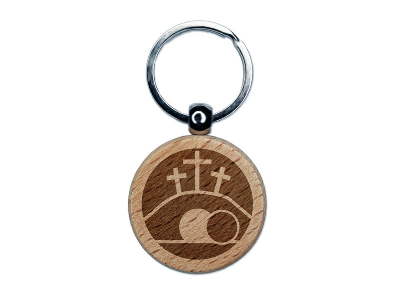 Resurrection of Jesus Christ Easter Sunday Three Crosses Engraved Wood Round Keychain Tag Charm