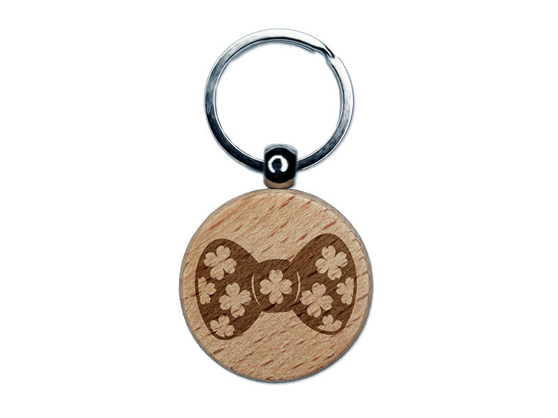 Shamrock Clover Bow Tie Saint Patricks Day Engraved Wood Round Keychain Tag Charm