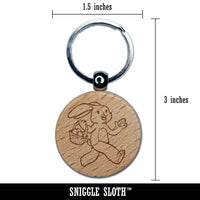 Skipping Easter Bunny Giving Eggs in Basket Engraved Wood Round Keychain Tag Charm
