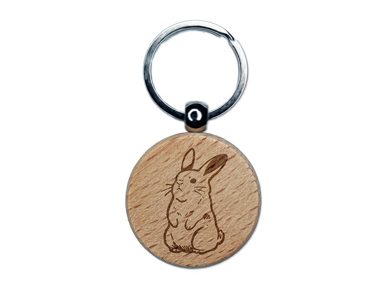 Standing Easter Bunny Rabbit Engraved Wood Round Keychain Tag Charm