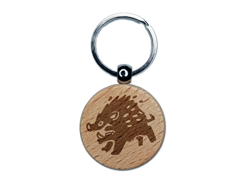 Angry Charging Cartoon Boar Pig Hog Peccary Engraved Wood Round Keychain Tag Charm