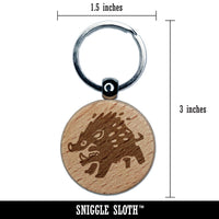 Angry Charging Cartoon Boar Pig Hog Peccary Engraved Wood Round Keychain Tag Charm