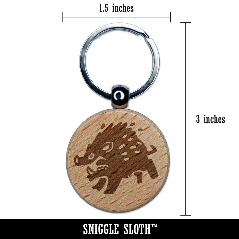 Angry Charging Cartoon Boar Pig Hog Peccary Engraved Wood Round Keychain Tag Charm