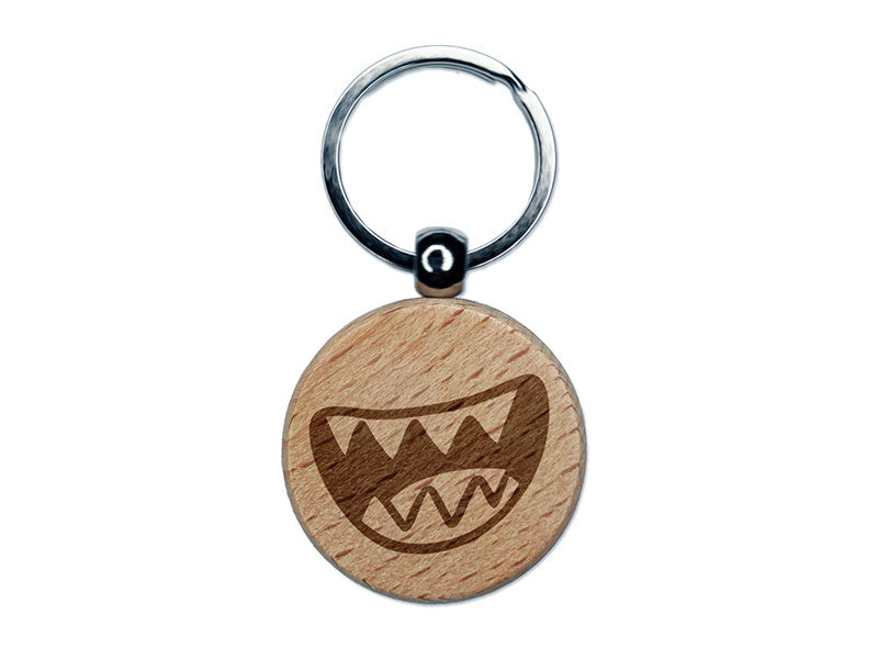 Big Cartoon Smile Sharp Shark Teeth Engraved Wood Round Keychain Tag Charm