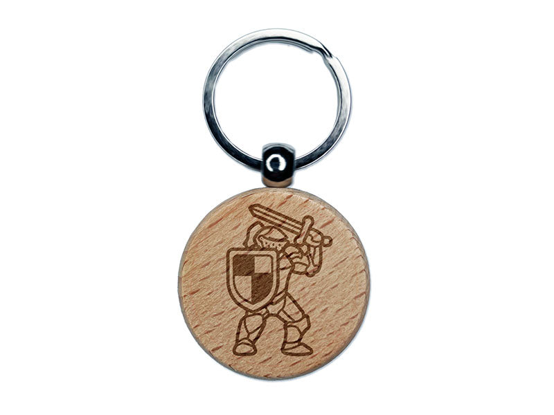 Brave Knight Ready to Fight Sword Shield Armor Engraved Wood Round Keychain Tag Charm