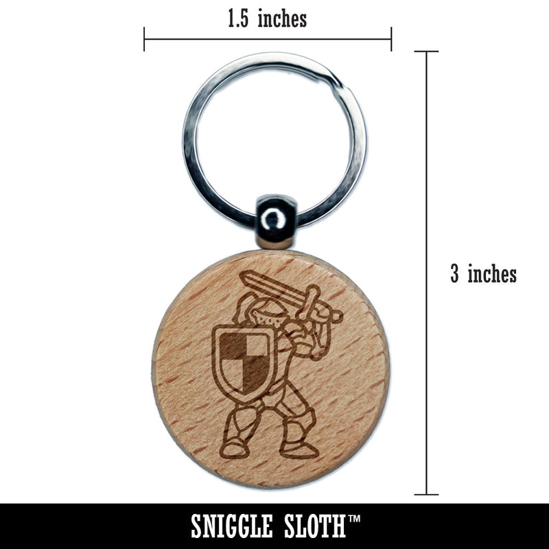 Brave Knight Ready to Fight Sword Shield Armor Engraved Wood Round Keychain Tag Charm