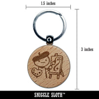 Cartoon Artist Painter with Easel Palette Painting Beret Engraved Wood Round Keychain Tag Charm