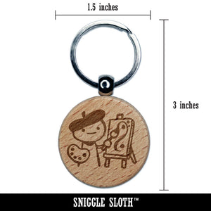 Cartoon Artist Painter with Easel Palette Painting Beret Engraved Wood Round Keychain Tag Charm