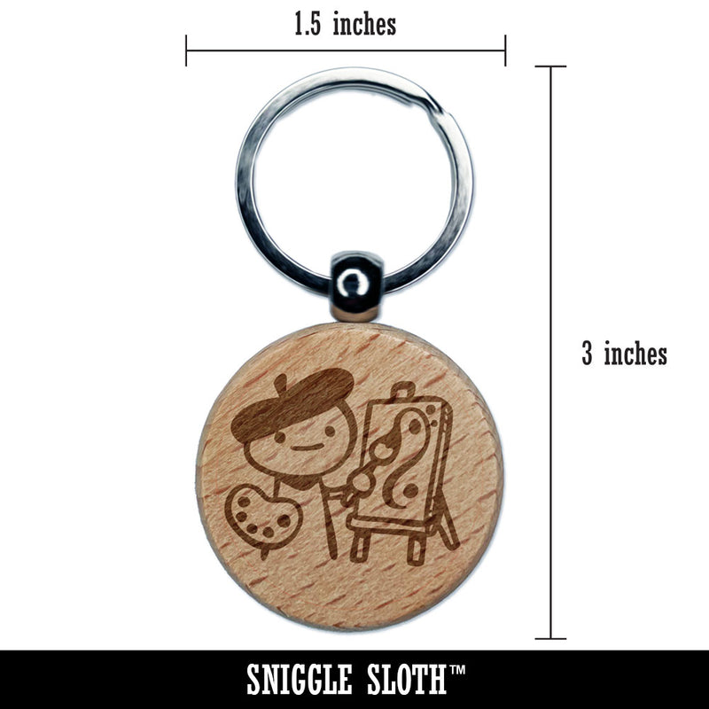 Cartoon Artist Painter with Easel Palette Painting Beret Engraved Wood Round Keychain Tag Charm