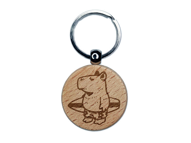 Cartoon Capybara With Surfboard and Swim Shorts Engraved Wood Round Keychain Tag Charm