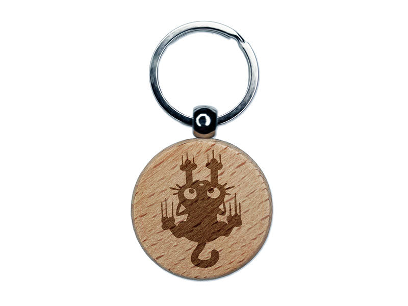 Cartoon Cat Clawing Scratching Dragging Down Engraved Wood Round Keychain Tag Charm
