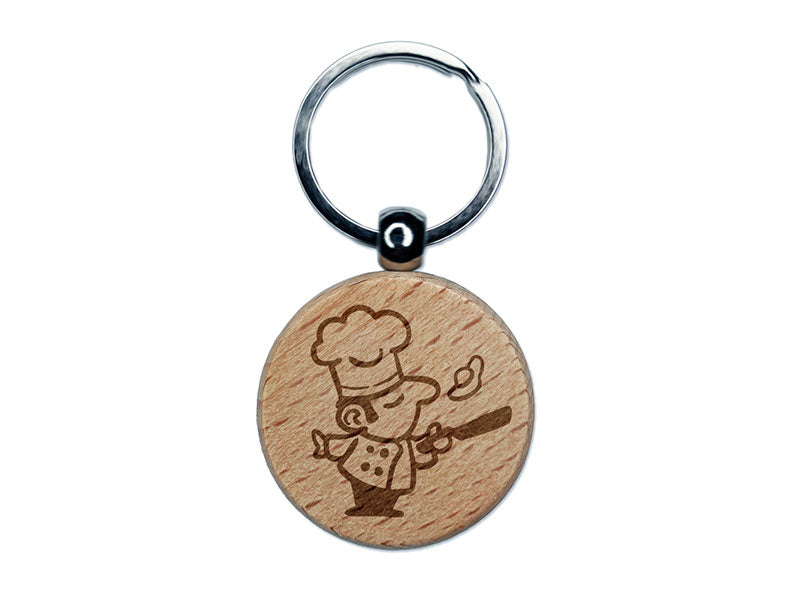 Cartoon Chef Cook Flipping Egg Kitchen Food Engraved Wood Round Keychain Tag Charm
