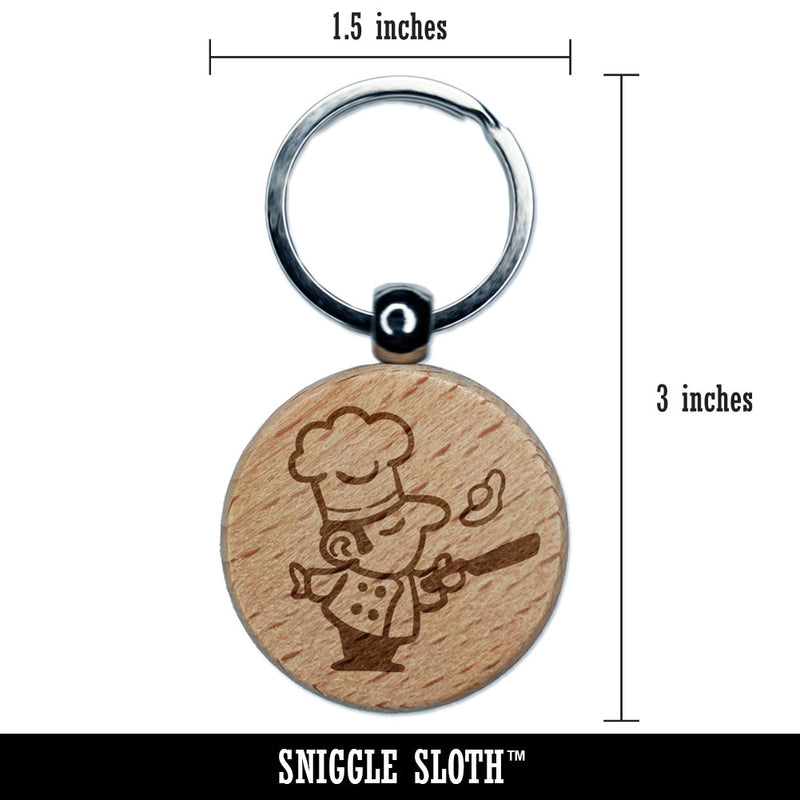 Cartoon Chef Cook Flipping Egg Kitchen Food Engraved Wood Round Keychain Tag Charm
