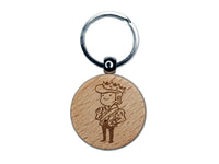 Cartoon Medieval Prince Royalty Crown Engraved Wood Round Keychain Tag Charm