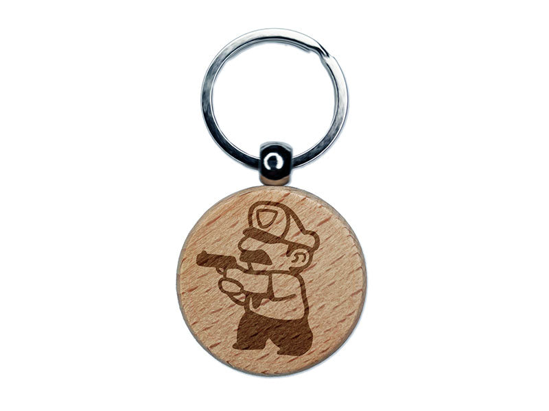 Cartoon Police Officer Cop Guard Pointing Gun Engraved Wood Round Keychain Tag Charm