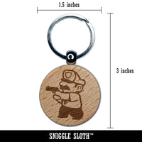 Cartoon Police Officer Cop Guard Pointing Gun Engraved Wood Round Keychain Tag Charm
