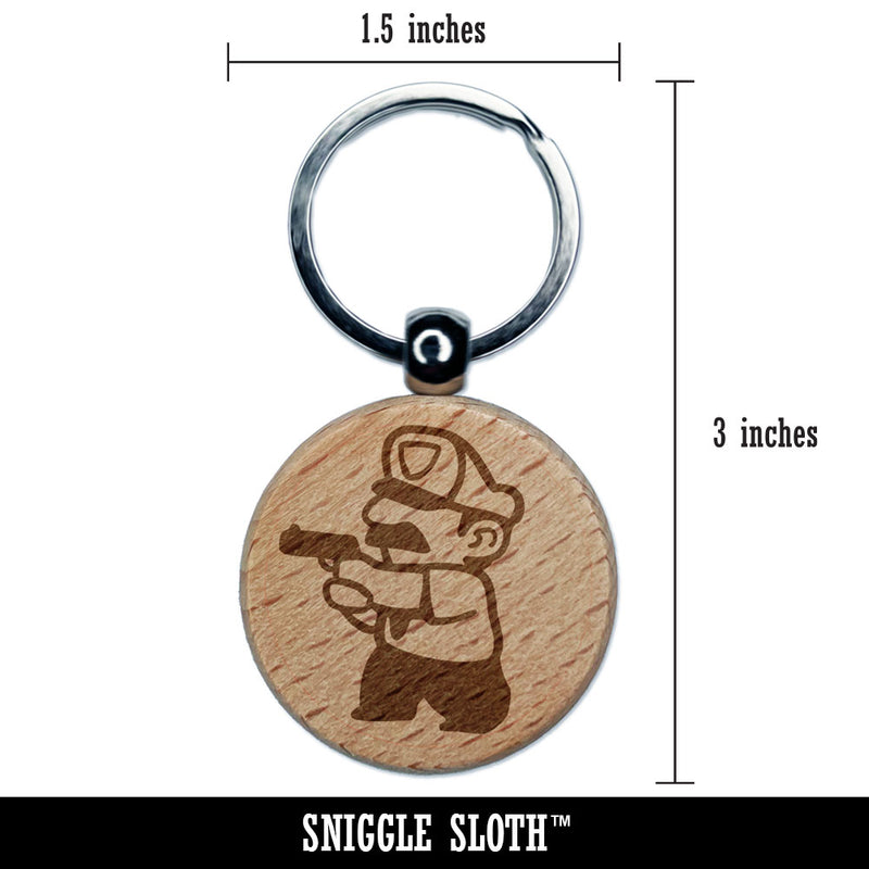Cartoon Police Officer Cop Guard Pointing Gun Engraved Wood Round Keychain Tag Charm