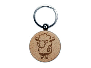 Cartoon Standing Lamb Sheep Wool Engraved Wood Round Keychain Tag Charm