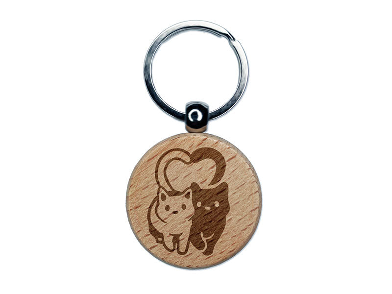 Cat Couple Heart Tails Cute Engraved Wood Round Keychain Tag Charm