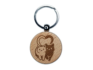 Cat Couple Heart Tails Cute Engraved Wood Round Keychain Tag Charm