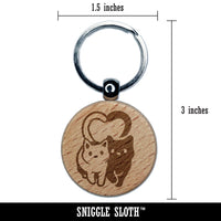 Cat Couple Heart Tails Cute Engraved Wood Round Keychain Tag Charm