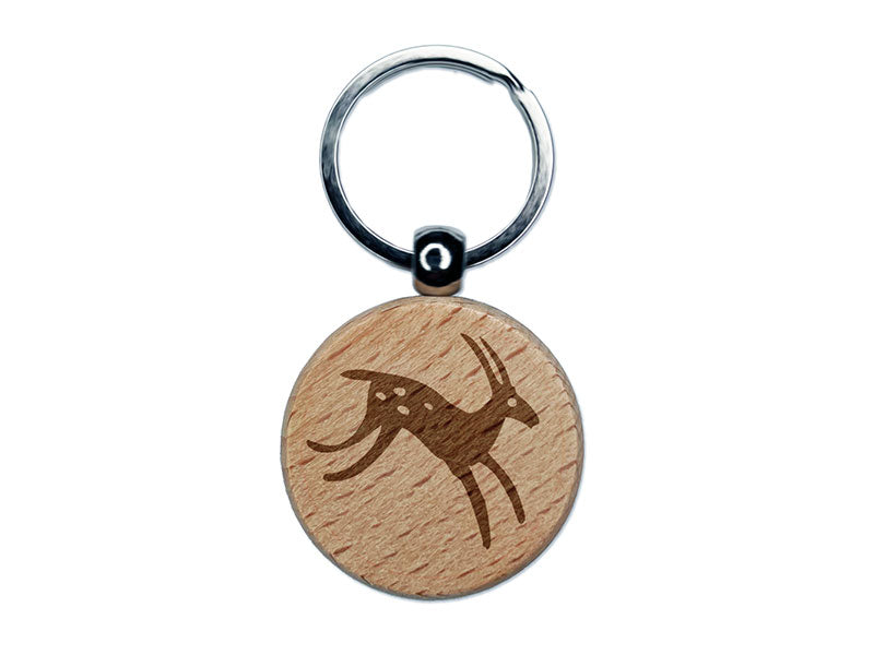 Cave Drawing Deer Gazelle Antelope Petroglyph Engraved Wood Round Keychain Tag Charm