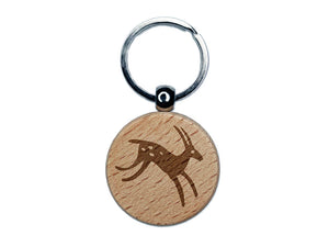 Cave Drawing Deer Gazelle Antelope Petroglyph Engraved Wood Round Keychain Tag Charm