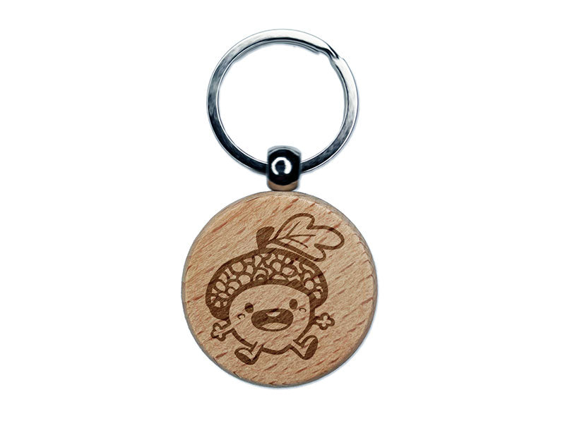 Chibi Baby Acorn Cute Oak Tree Leaf Engraved Wood Round Keychain Tag Charm