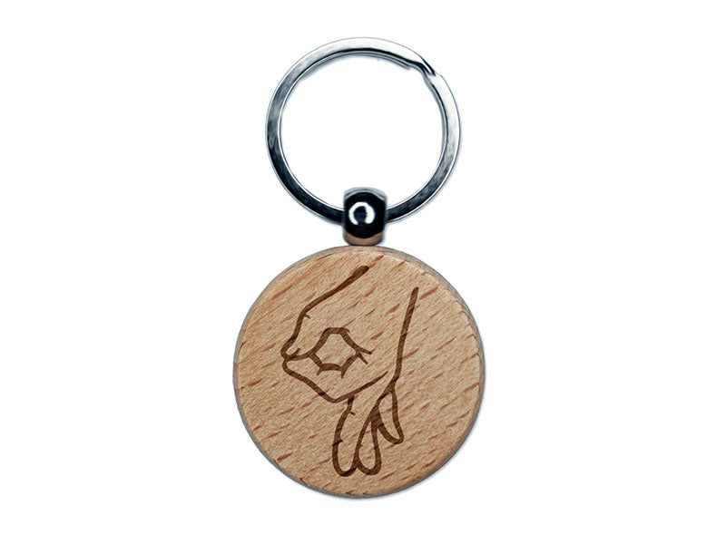 Circle Game Hand Sign Funny Engraved Wood Round Keychain Tag Charm