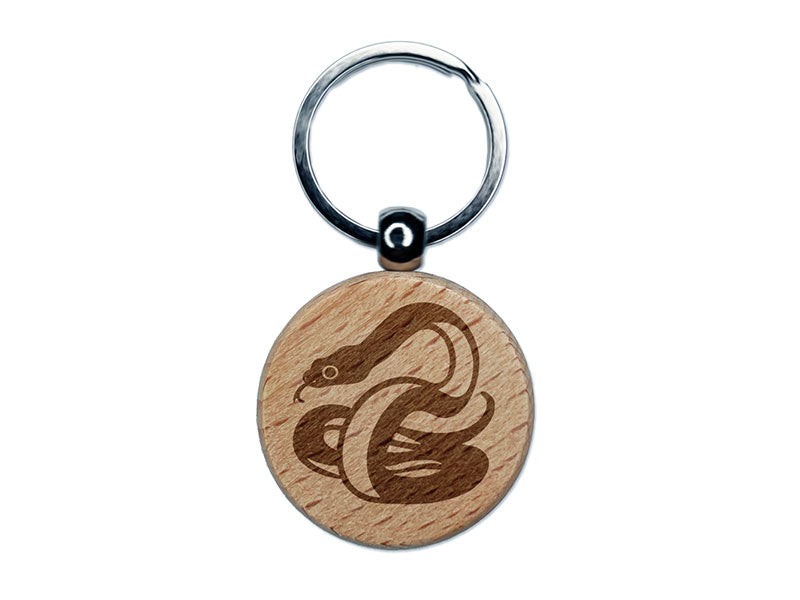 Coiled Cautious Snake Serpent Engraved Wood Round Keychain Tag Charm