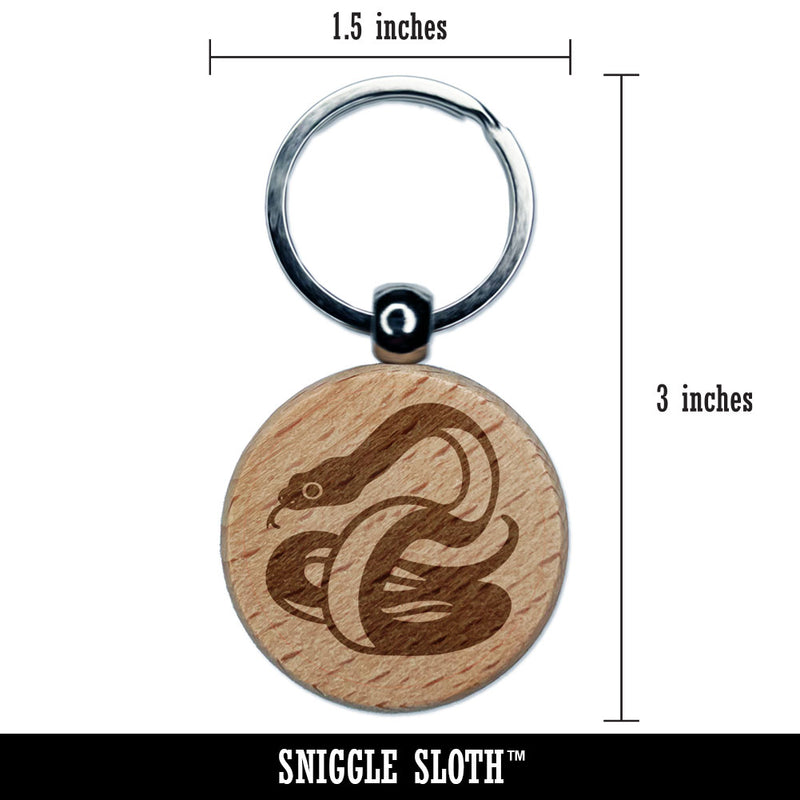 Coiled Cautious Snake Serpent Engraved Wood Round Keychain Tag Charm