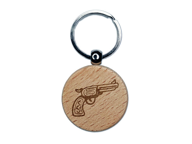 Cowboy Western Gun Revolver Handgun Engraved Wood Round Keychain Tag Charm
