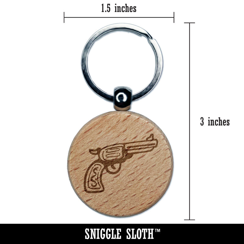 Cowboy Western Gun Revolver Handgun Engraved Wood Round Keychain Tag Charm