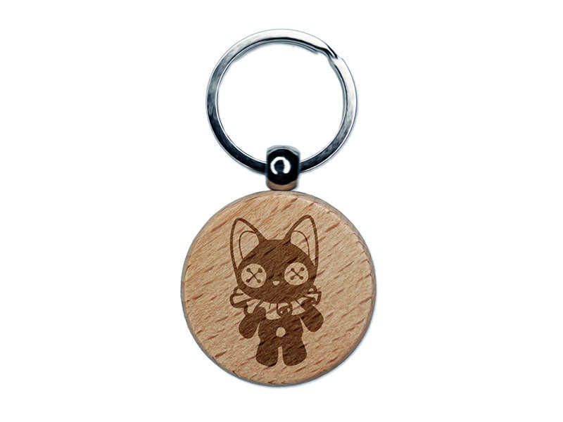 Creepy Spooky Vintage Cat Doll with Button Eyes Engraved Wood Round Keychain Tag Charm