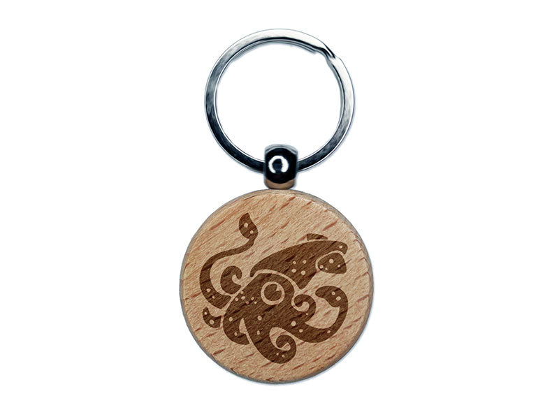Curious Spotted Squid Tentacles Arms Engraved Wood Round Keychain Tag Charm
