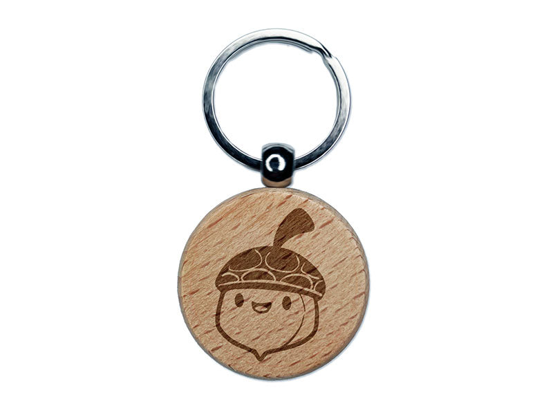 Cute Chibi Acorn Cartoon Happy Face Engraved Wood Round Keychain Tag Charm
