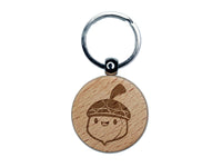Cute Chibi Acorn Cartoon Happy Face Engraved Wood Round Keychain Tag Charm