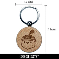 Cute Chibi Acorn Cartoon Happy Face Engraved Wood Round Keychain Tag Charm